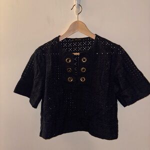 Zara Black Eyelet Blouse with Gold Accents